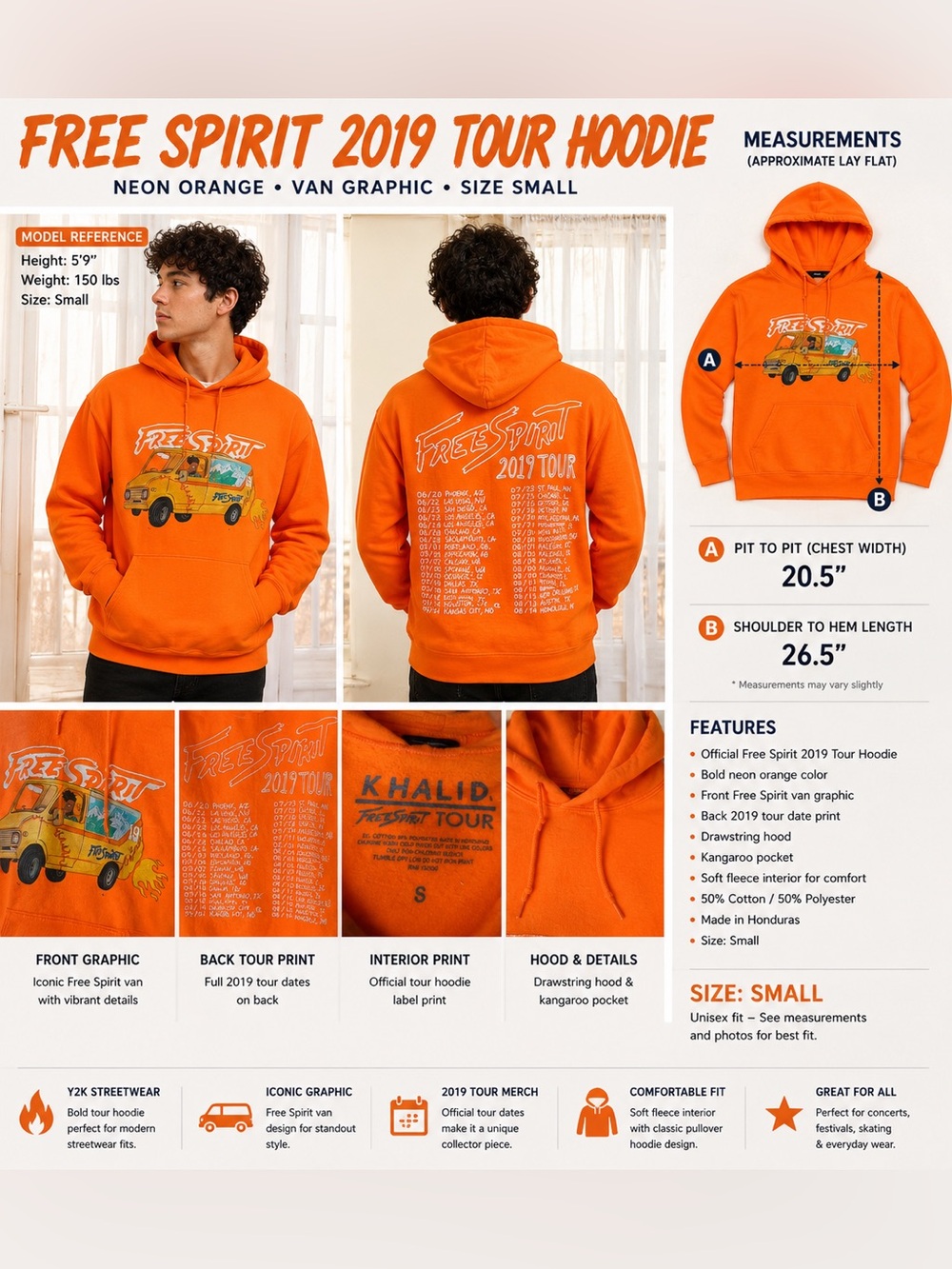 Free Spirit 2019 Tour Neon Orange Graphic Hoodie Van Print Size Small Unisex